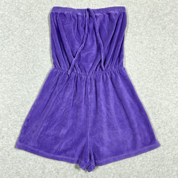 Vintage Terry Cloth Romper Women Small Shorts Strapless Purple Retro Beach Cover - Picture 1 of 13